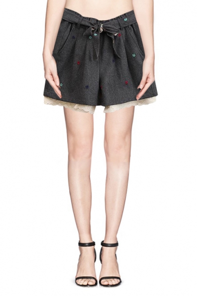 Flower Embroidered Belted Elastic Waist Lace Trim Woolen Shorts