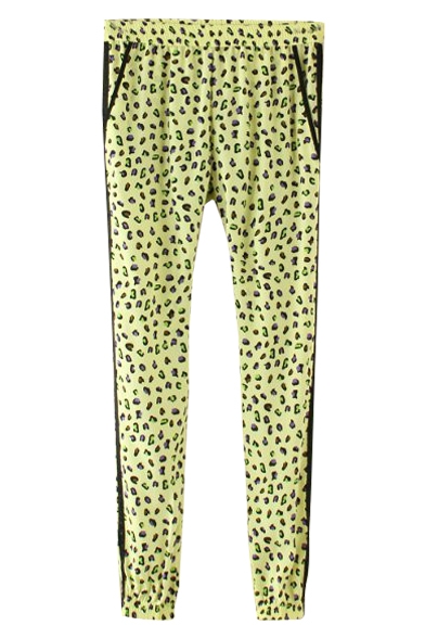 Green Leopard Print Elastic Waist Pants