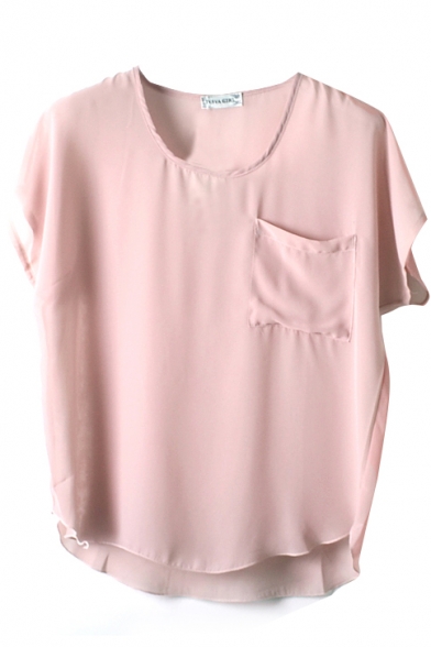 Pink Short Sleeve Pocket Front Chiffon Blouse