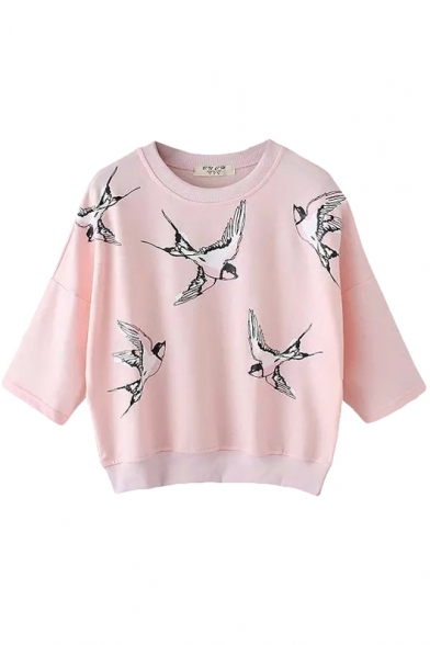Pink Swallow Print Half Sleeve Sweatshirt