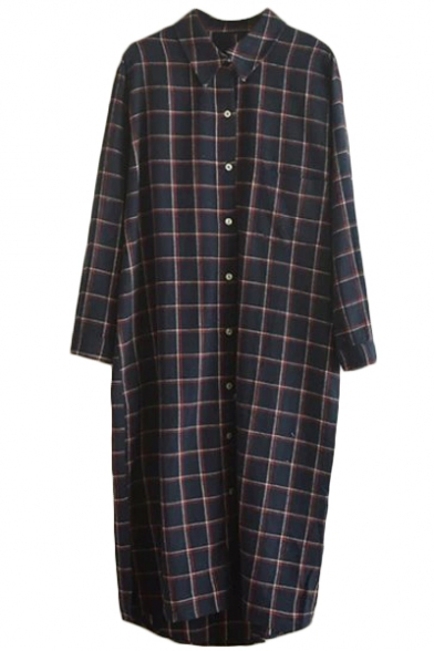 Plaid Pattern Longline Shirt Style Loose Dress