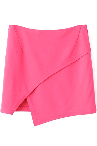 Red Plain Mini Skirt with Asymmetrical Hem