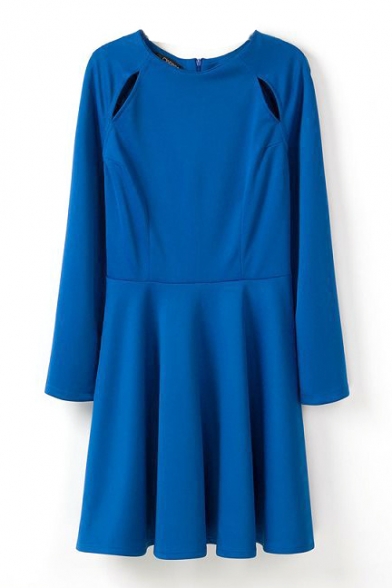 Royal Blue Long Sleeve Cutout Shoulder A-line Dress