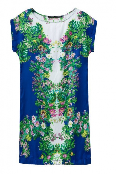 Short Sleeve Slim Bodycon Green Flora Print Blue Panel Dress