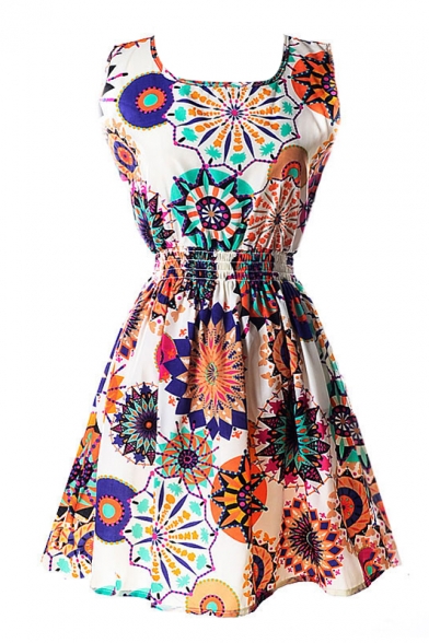 Sleeveless Unique Flower&Geometry Print Dress