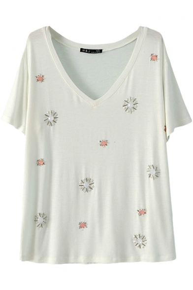 White Beaded Short Sleeve V-Neck T-Shirt - Beautifulhalo.com