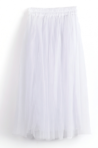 White Double Mesh Layer A-line Tea Length Skirt