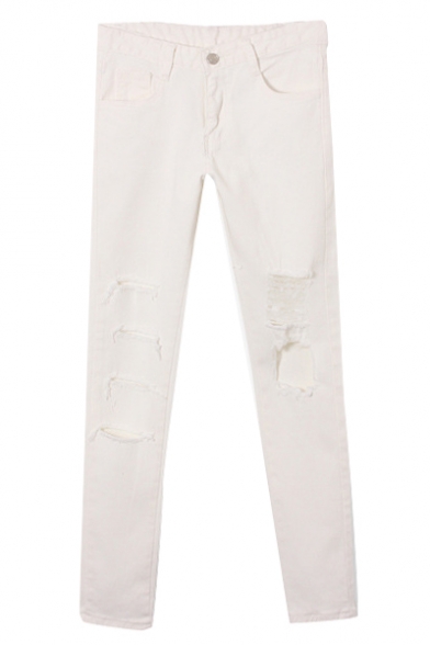 White Plain Ripped Busted Open Knee High Waist Jeans