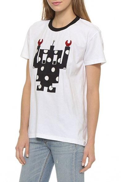 White Short Sleeve Robot Print T-Shirt