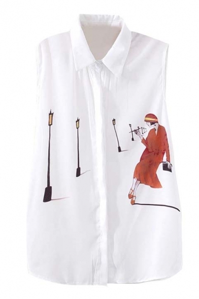 White Sleeveless Lady&Street Lamp Print Chiffon Shirt