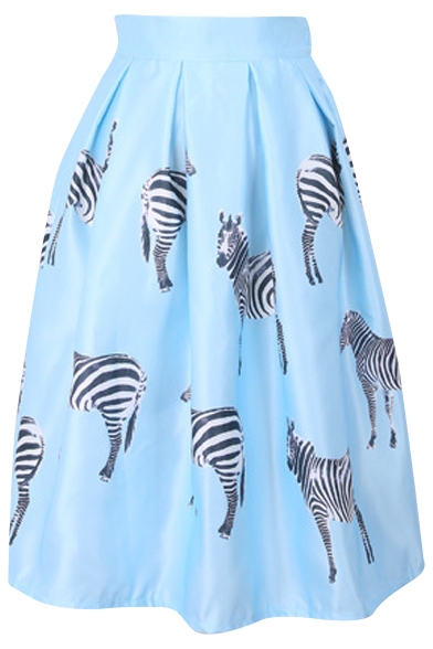Zebra Print High Waist Pleated Midi Skirt