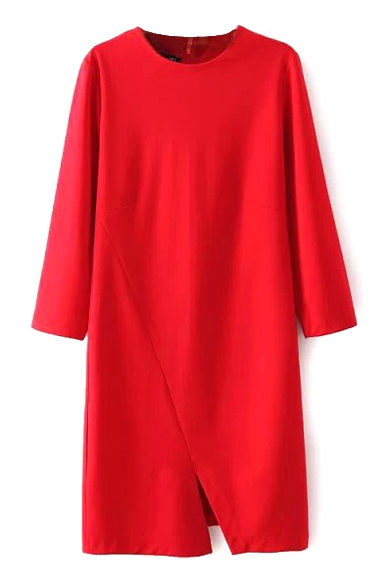 3/4 Sleeve Plain Round Neck Split Hem Fashion Slim Dress