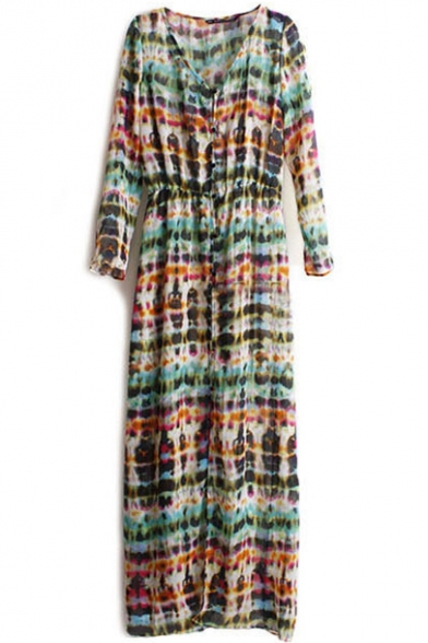 Abstract Print V-Neck Long Sleeve Gathered Waist Maxi Dress