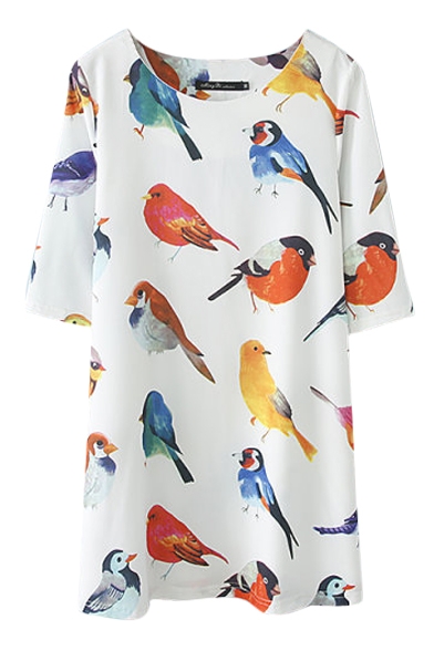 Bird Print Loose Half Sleeve Shift Dress