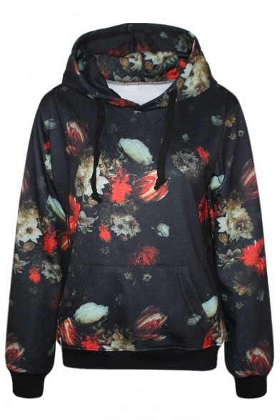 Black Floral Painting Hooded Hoodie with Shorts