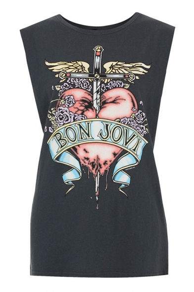 Black Round Neck Bon Jovi Band Print Sleeveless T-Shirt