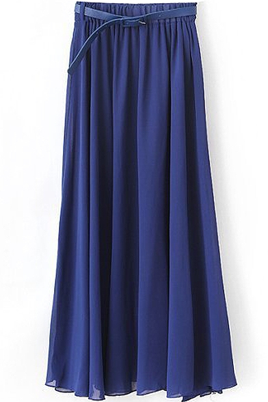 Blue Plain Chiffon Belted Maxi Skirt