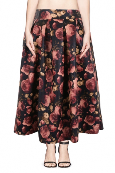 Camellia Print PU Elastic Waist Pleated Midi Skirt
