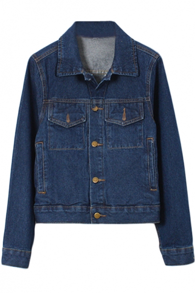Dark Blue Fitted Point Collar Single-Breasted Denim Jacket