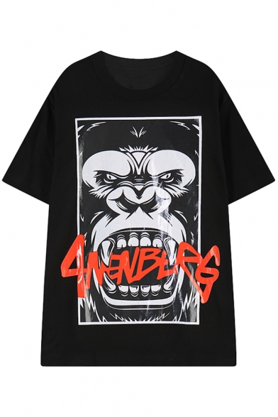 Gorilla and Letter Print Round Neck Short Sleeve Tee