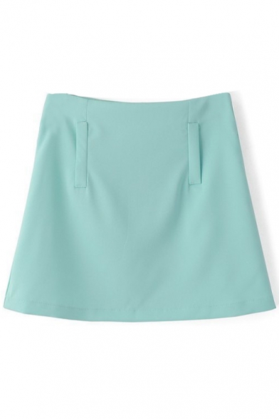 Green Plain Zipper Back Flare Mini Skirt