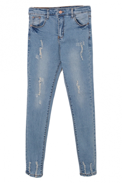 Light Wash Ripped Distressed Pencil Jeans with Zipper Fly