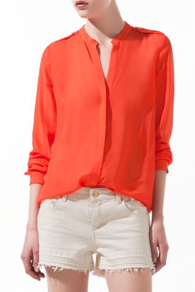 Orange Long Sleeve Stand-Up Collar Blouse