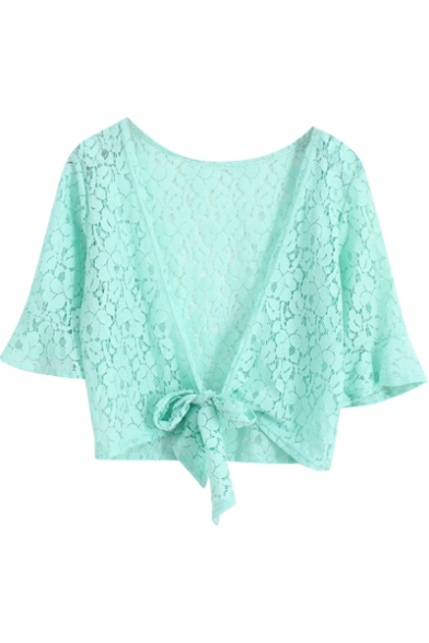 Plain Lace Crochet Bow Front Short Sleeve Crop Coat