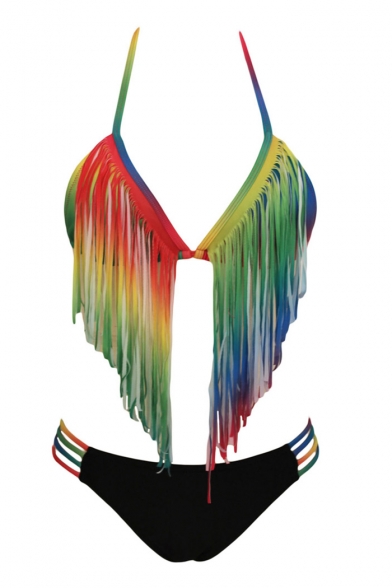 Rainbow Color Halter Tassel Low Rise Bikini Set