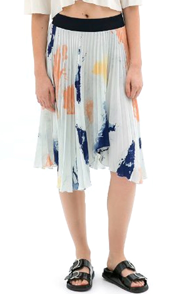 Splash-Ink Pleated Chiffon Asymmetric Hem Midi Skirt