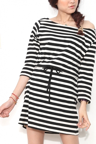Stripe/Plain Boat Neck 3/4 Sleeve Gathered Waist Dress