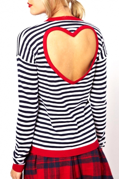 Stripe Print Long Sleeve Heart Back Cutout T-Shirt