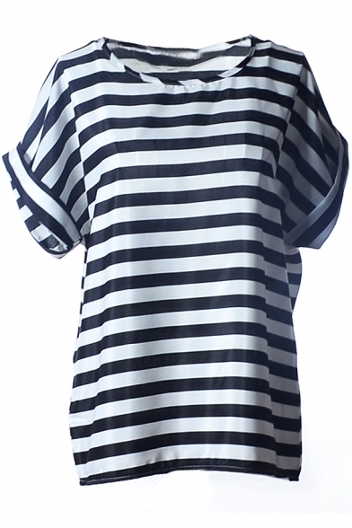 Stripe Print Short Sleeve Chiffon T-Shirt