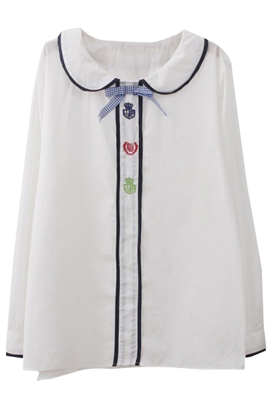 Tri Color Embroidery Front Fly Babydoll Lapel White Shirt