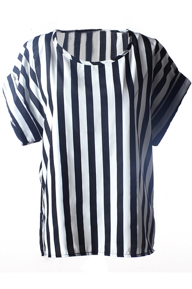 Vertical Stripes Print Short Sleeve Chiffon T-Shirt