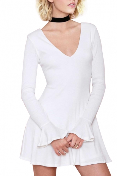 White V-Neck Flared Long Sleeve Dress