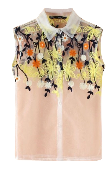 Yellow Embroidered Floral Sheer Sleeveless Organza Top