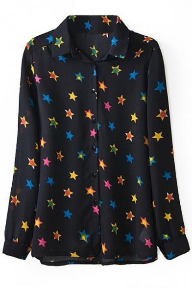 Black Long Sleeve Stars Print Fitted Blouse
