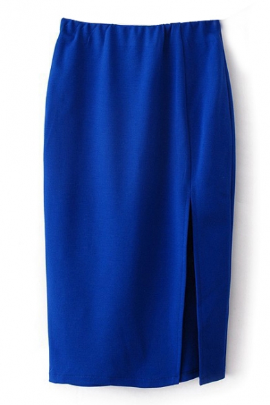 Blue High Waist Split Hem Midi Pencil Skirt