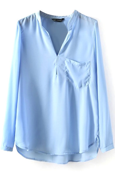 Blue V-Neck Long Sleeve Pocket Blouse