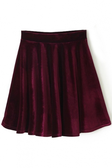 Burgundy Plain Velvet Ruffle Hem Skirt