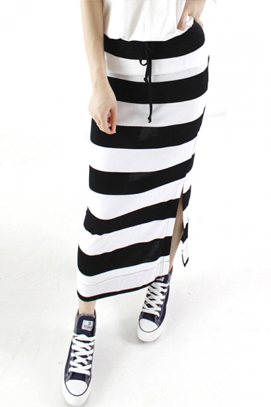 Classic Black-White Stripes Side Split Longline Tube Skirt