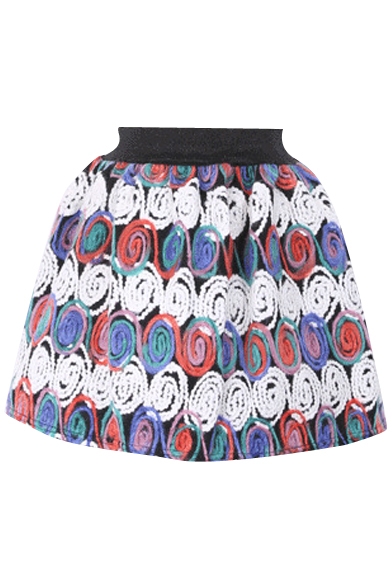 Colorful Print Wool Mini Skirt with Elastic Waist