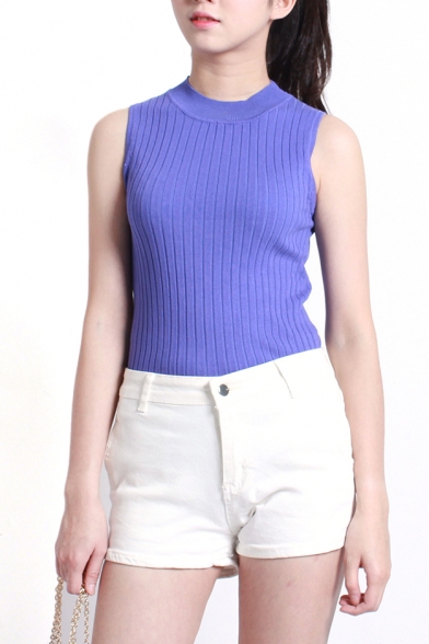 Fitted Plain Round Neck Sleeveless Knit Tank