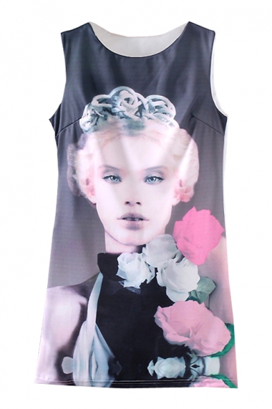 Flower Embellish Pretty Lady Print Slim Tanks Dress
