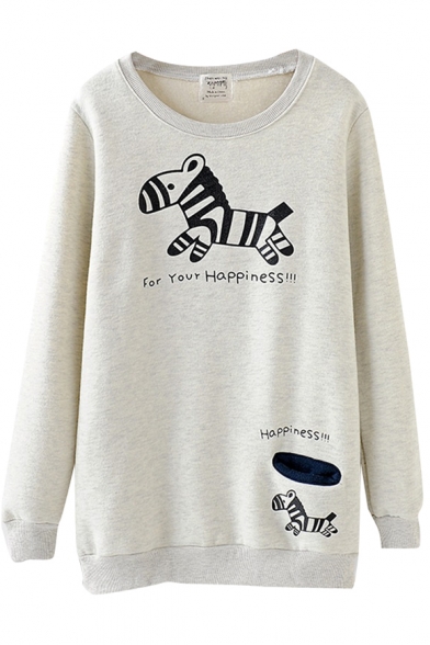Gray Zebra Letter Print Round Neck Tunic Sweatshirt