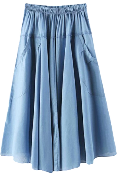 Elastic Waist Double Pockets A-line Midi Skirt - Beautifulhalo.com