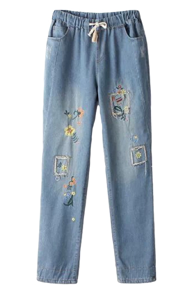 Mori Girl Style Flower Embroidered Distressed Elastic Waist Jeans
