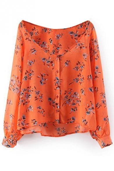 Orange Long Sleeve Single Breast Floral Print Chiffon Blouse