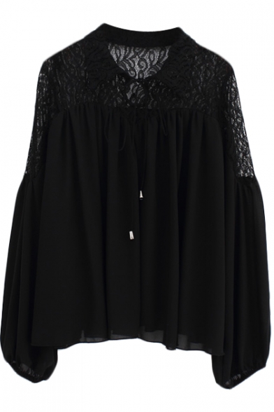 Plain Lace Insert Cutout Bows Pleated Blouse in Loose Fit